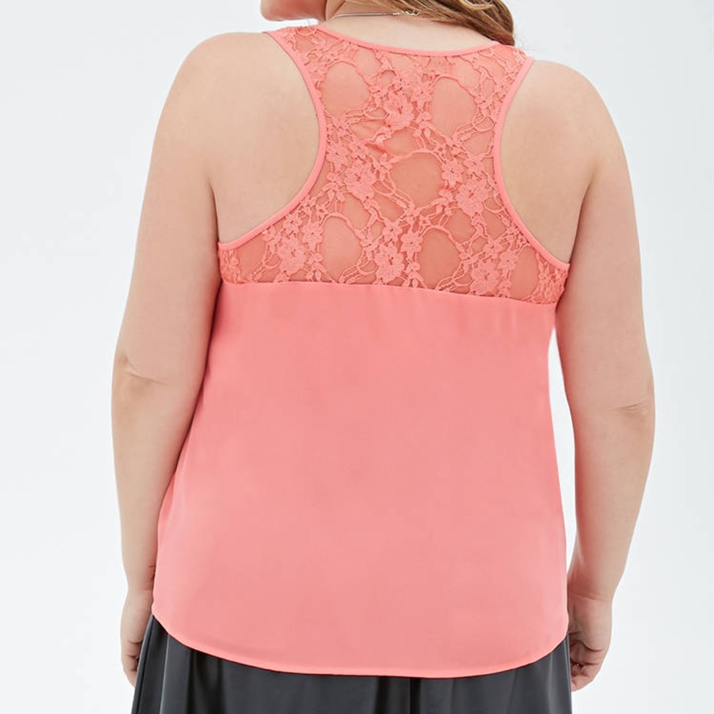 Coral Pink Lace-Paneled Chiffon Top - Size 1X